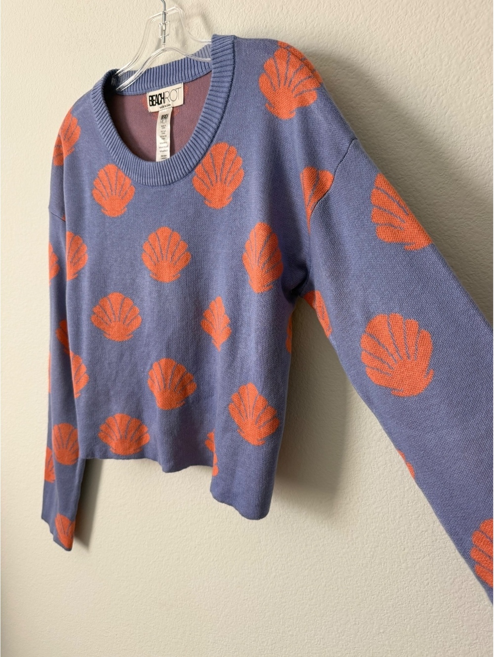 Beach Riot Long Sleeve Crew Neck Orange/Purple Sea Shells Cropped Sweater Size S - Picture 4 of 6